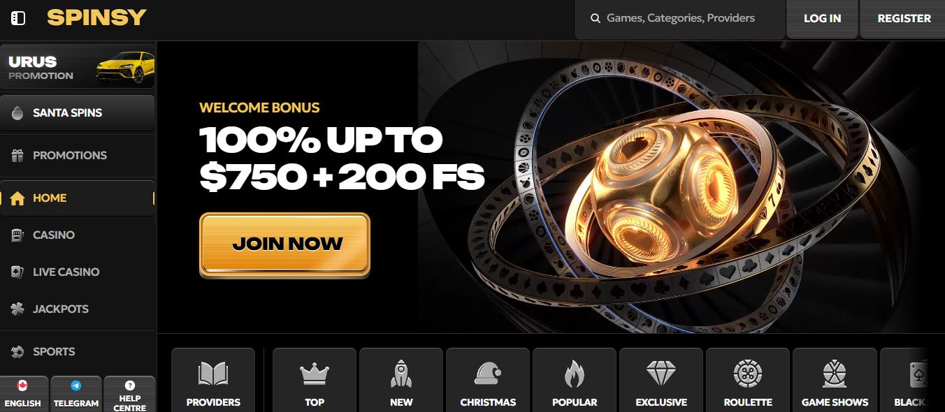 Claim welcome bonus at Spinsy Casino homepage