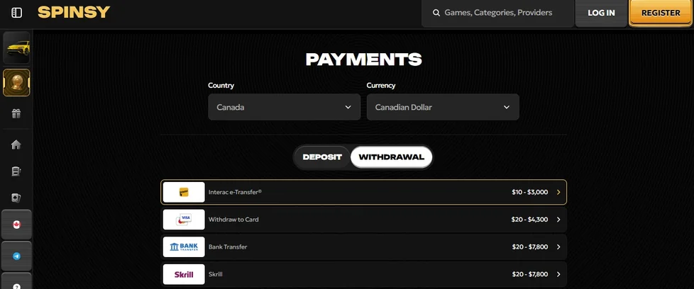 View withdrawal payment options.